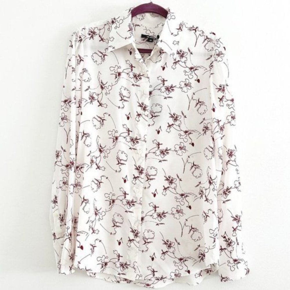 Kal Rieman Classic Tailored Blouse White Burgundy Floral Sketch NWT sz 10